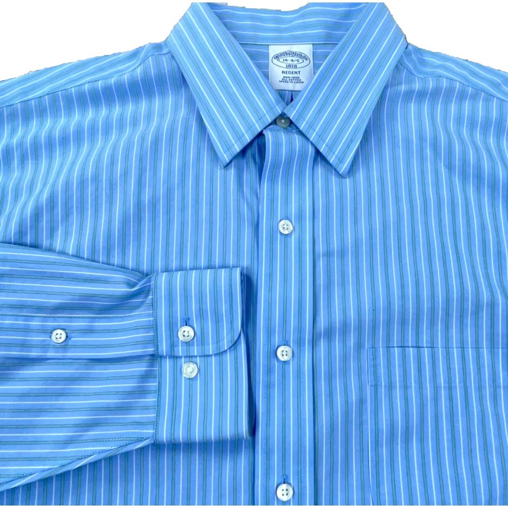Brooks Brothers Shirt Men 16 4/5 Blue Green Striped Button Up Regent Dress Adult